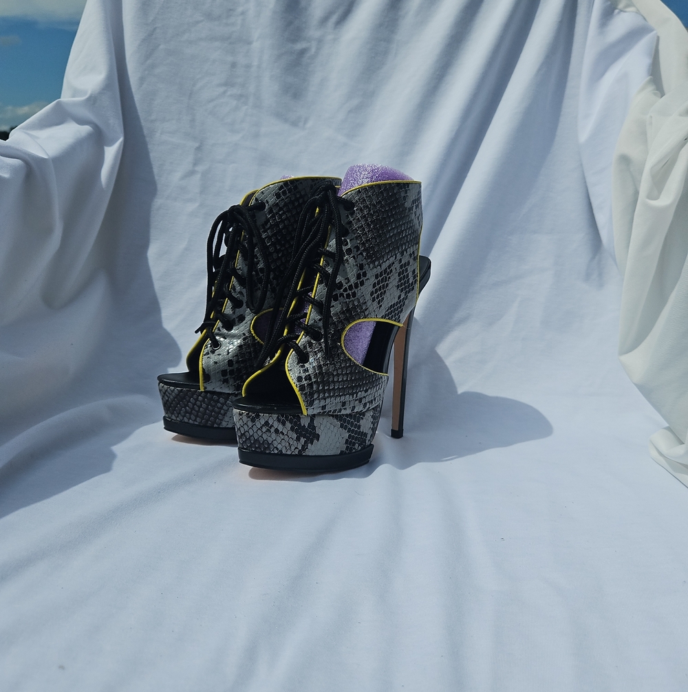 Paper Fox Gray Snake-Print Lace-Up Platform Sandals with Yellow Trim
